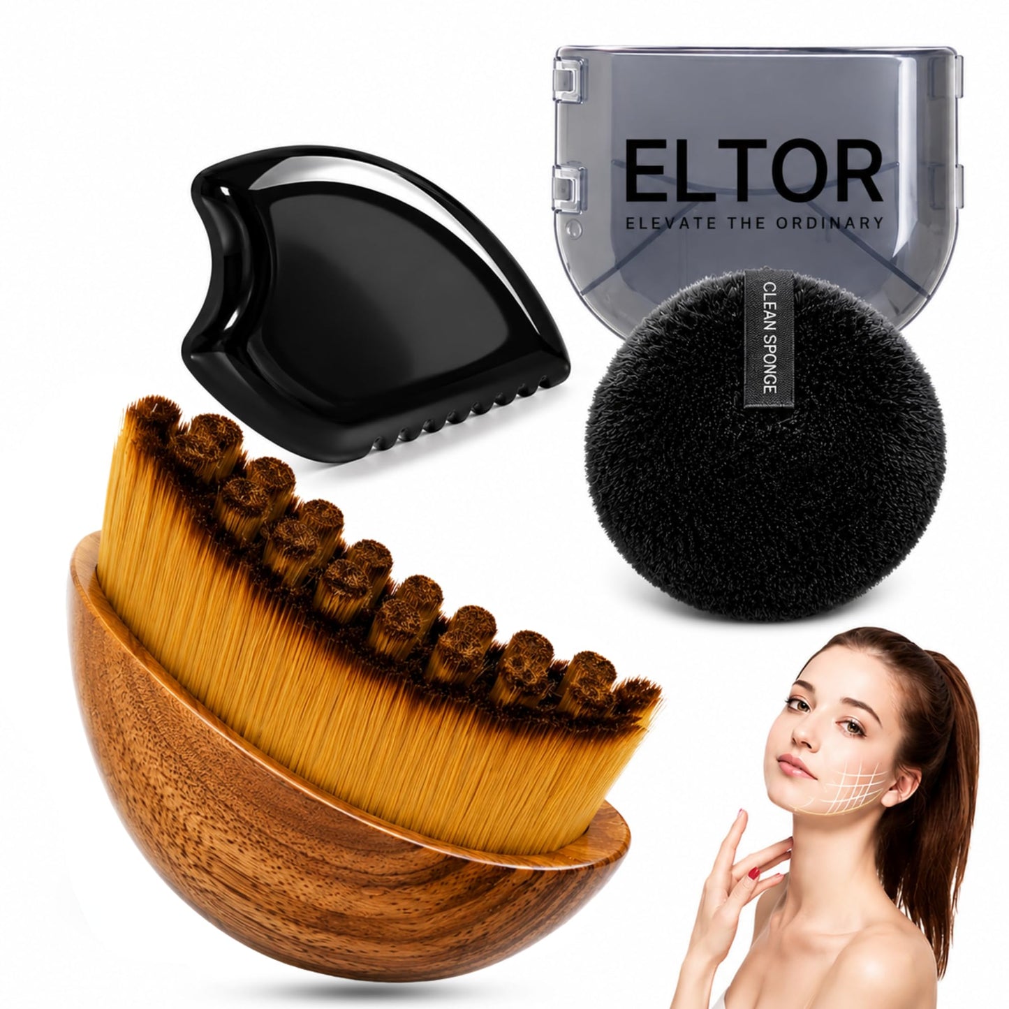 Lymphatic Contour Face Brush with Gua Sha Stone & Makeup Remover Pad | Dry Brush for Lymphatic Drainage & Anti-Puffiness | Face Sculpting Brush Designed to Improve Jawline, Skin Glow & Absorption