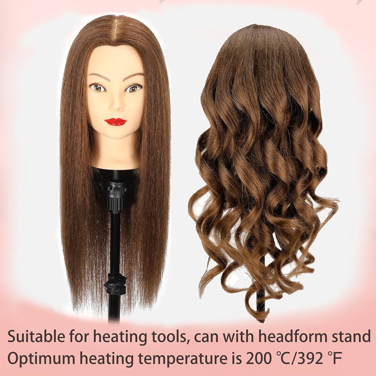 Mannequin Head - 100% Real Hair Cosmetology Training Doll | 20" Nature Brown with Clamp & Comb