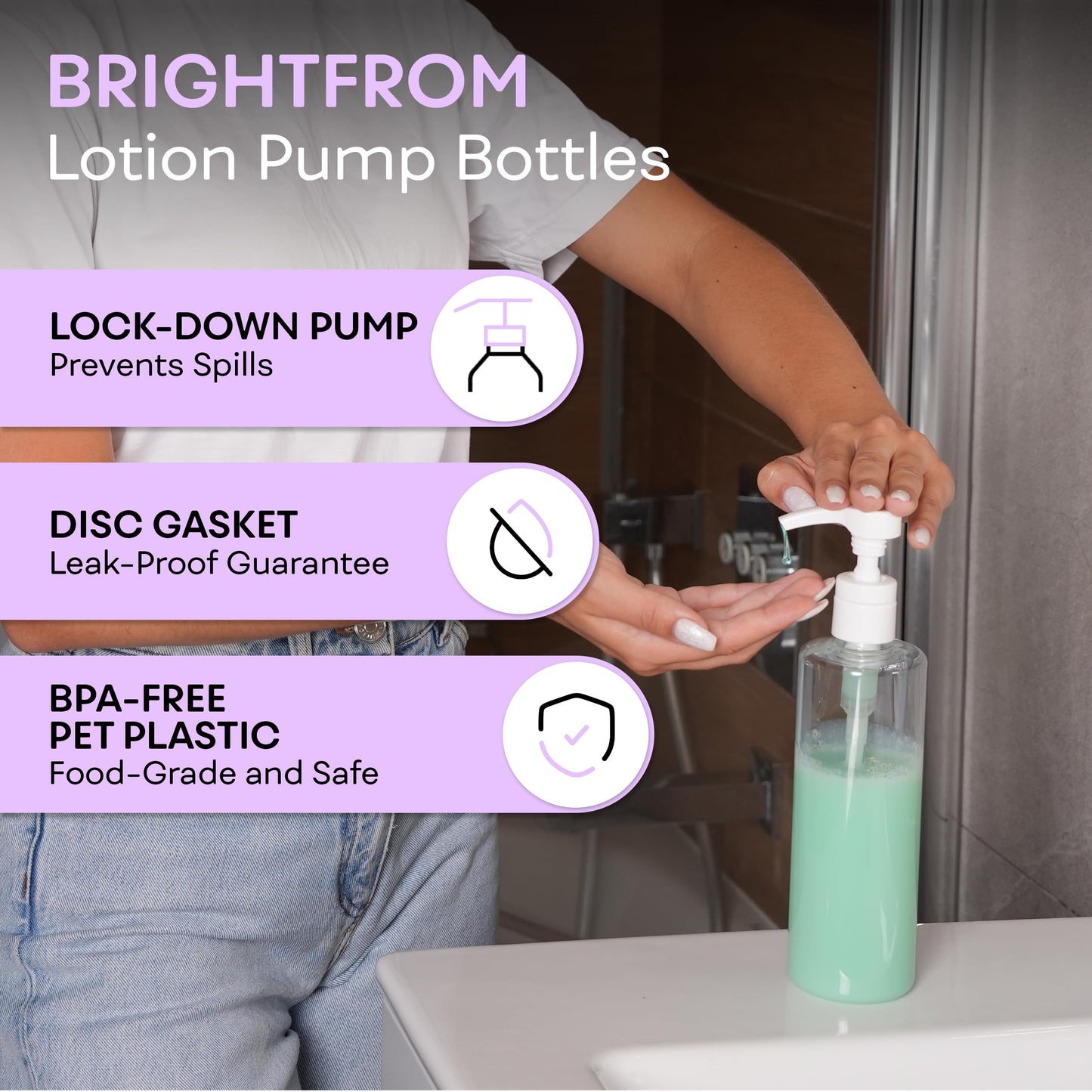 BRIGHTFROM Empty Lotion Pump Bottles 16 OZ, BPA-Free Refillable Containers, Plastic PET, Great for - Soap, Shampoo, Lotions, Liquid Body Soap, Creams and Massage Oil's, 2 Pack (White Pump)