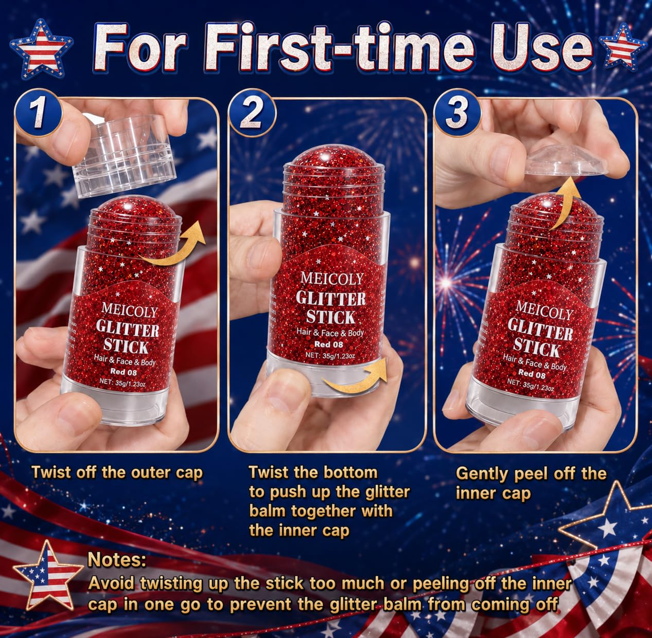 MEICOLY Sparkling USA Glory Red Face Hair Glitter Stick for 2026 World Cup,4th of July Accessories Outfits for Women, Fourth of July Patriotic Veterans Day Super-Dense Glitter Makeup