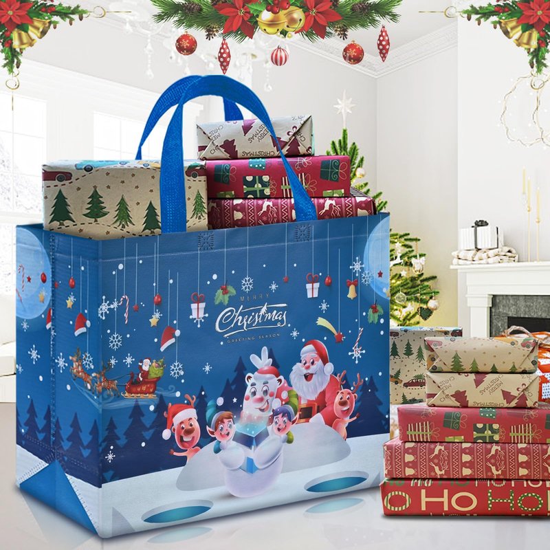 AhfuLife 12PCS Extra Large Christmas Gift Bags, 15.7'' x 14.2''x 5.9'', Christmas Tote Bags with Handles, Non-woven Reusable Shopping Bag for New Year, Xmas's Party Supplies Decorations