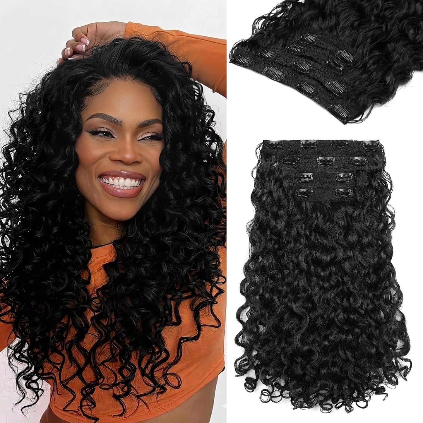 Curly Hair Extensions - 4PCS 18" GoGo Curly Clip-Ins | 100% Protein Hairpieces, Honey Blonde Highlights