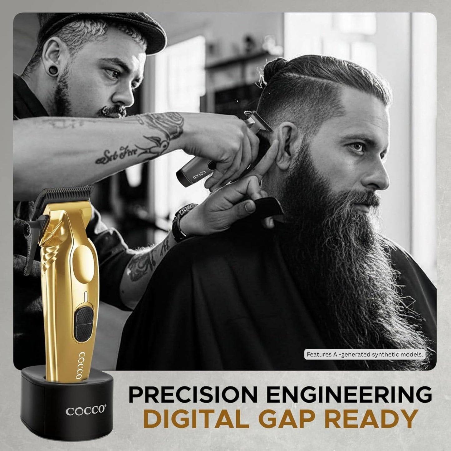 Cocco Veloce Pro Clipper, Digital Gap Ambassador Graphene Taper Blade Professional Hair Clippers, High-Torque BLDC Motor, All-Metal, Cordless, Charging Base Included, Gold