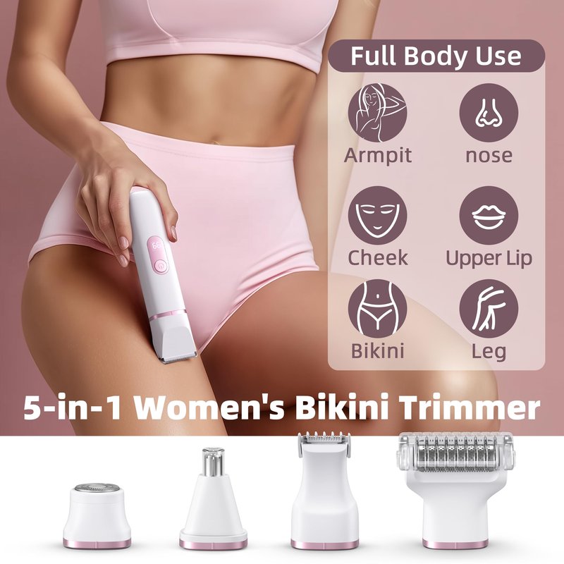 5-in-1 Bikini Trimmer for Women: Mothers Day Gifts, Travel Essentials, IPX7 Waterproof Electric Shaver Razor, Rechargeable Body Hair Removal with LED Display, 5 Replacement Ceramic Blade Heads