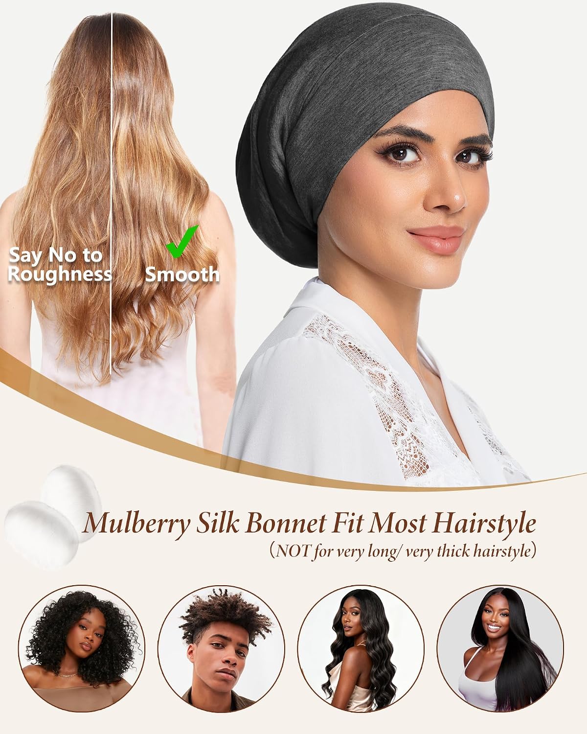 100% Mulberry Silk Bonnet for Sleeping | Real Silk Lined Cap for Curly Hair - Black