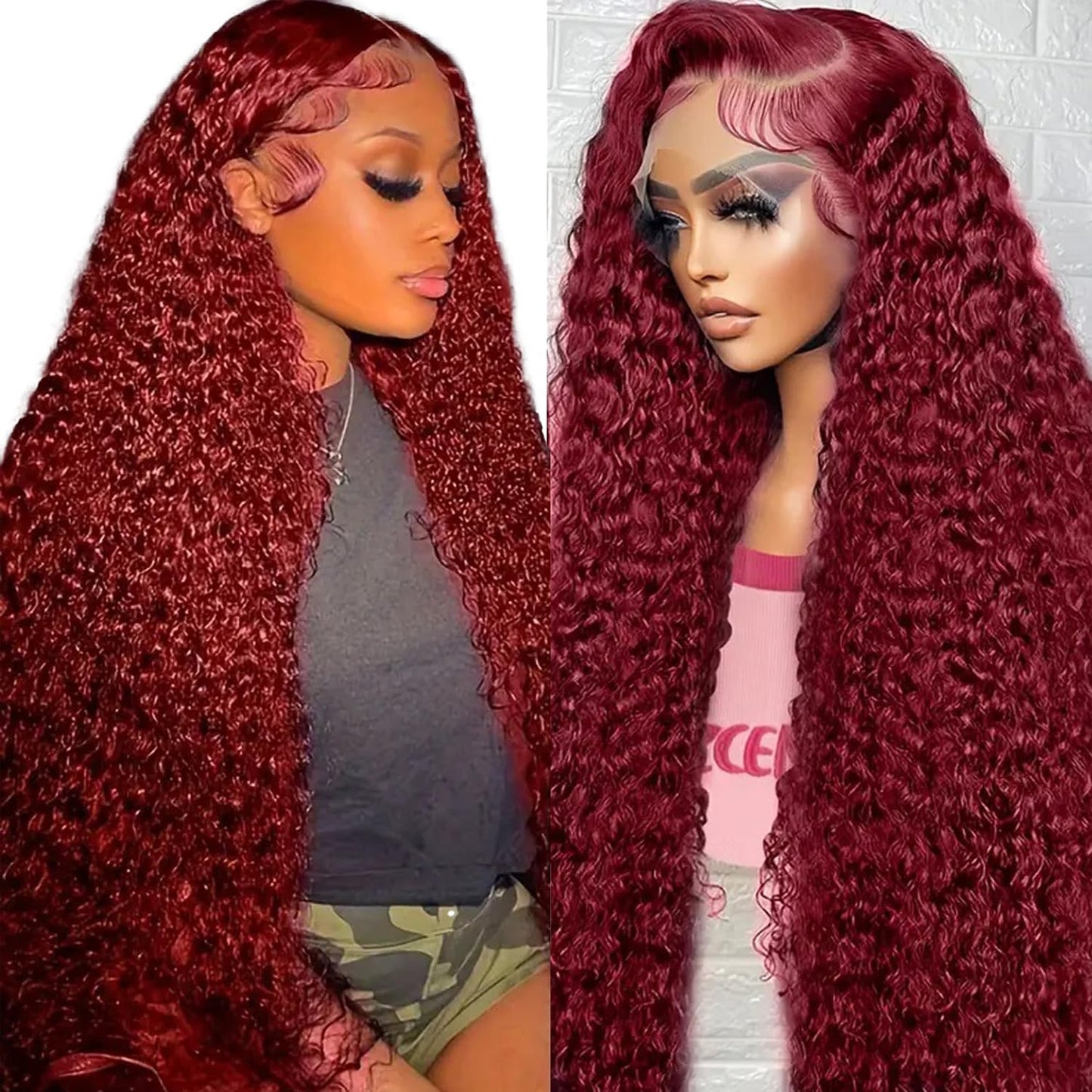 Burgundy Human Hair Wig - Water Wave Lace Front, 26-Inch 99J Deep Wave for Women | HD Transparent 13x4