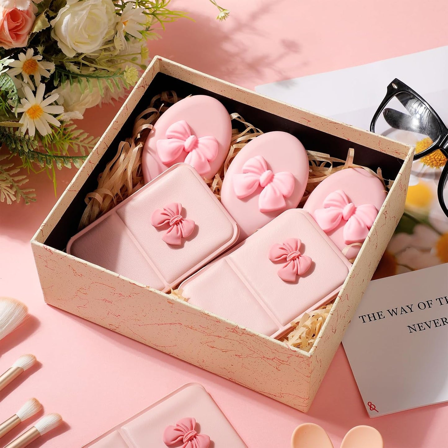 Coquette Bow Compact Mirror & Mini Hair Brush Set - 30 Pcs | Pink Travel Detangling Brushes for Parties & Gifts