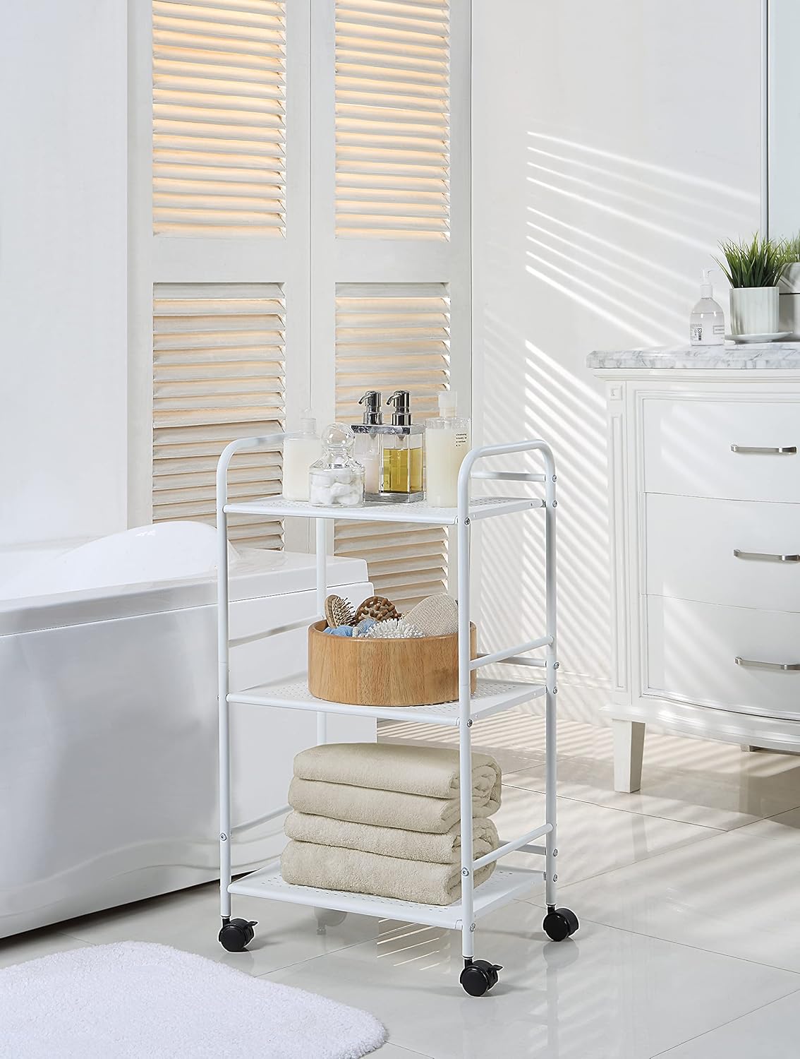 SunnyPoint 3-Tier Rolling Utility Cart - Metal Storage Organizer with Wheels | Mobile Kitchen & Office Organizer, White, 12"D x 16.92"W x 31.1"H