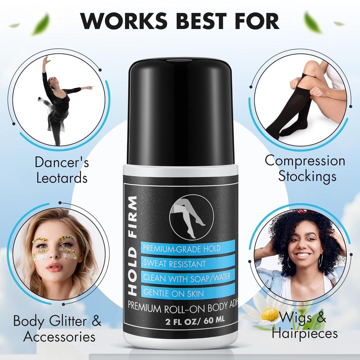 Metal Roll-On Body Glue - Sweat Resistant Adhesive for Dancers | 2 Oz, Residue-Free Skin Adhesive