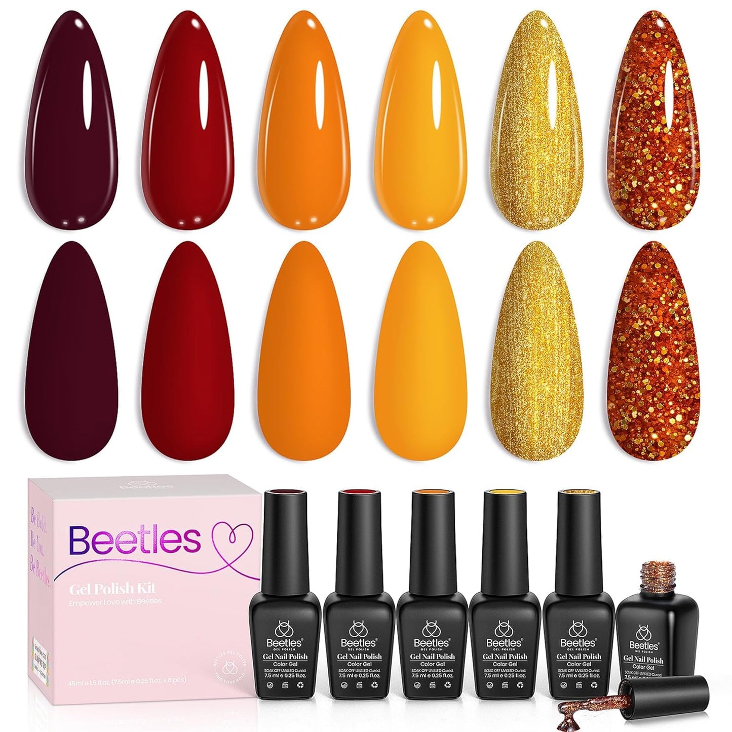 Beetles Green Gel Nail Polish Set - 6 Colors Cat Eye Glitter Gel | Summer Lime Yellow Flash UV LED Starter Kit for DIY Home & Salon Use