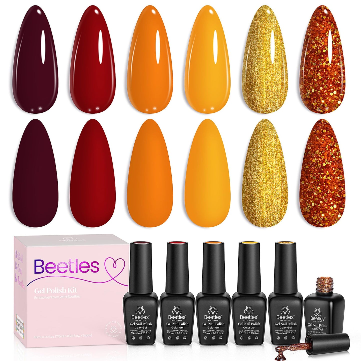 Beetles Gel Nail Polish Set 6 Colors Gel Polish Red Orange Brown Gold Glitter Kit DIY Home Nail Art Manicure Kits UV LED Needed Gifts for Women Golden Blessing