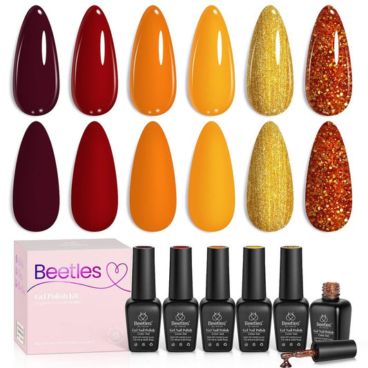 Beetles Gel Nail Polish Set 6 Colors Gel Polish Red Orange Brown Gold Glitter Kit DIY Home Nail Art Manicure Kits UV LED Needed Gifts for Women Golden Blessing