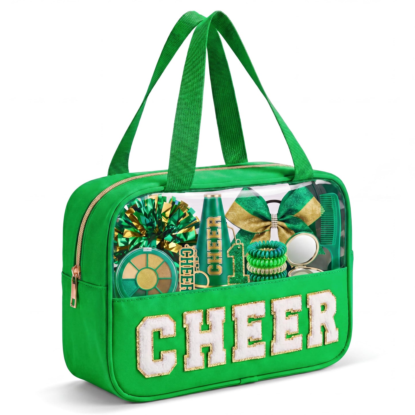 KYTACCU Cheer Makeup Bag Cheerleader Gifts Cheer Chenille Letter Cosmetic Bag Cheerleading Competition Accessories Clear Travel Toiletry Pouch for Girls Women-Green