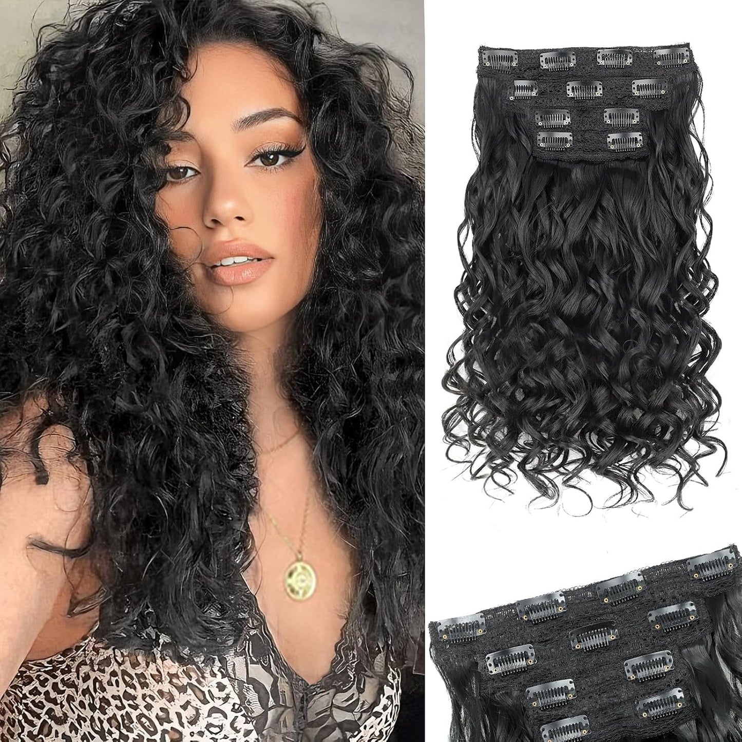 Curly Clip-In Hair Extensions - 20 Inch Thick Natural Synthetic Hairpieces | 4PCS Black