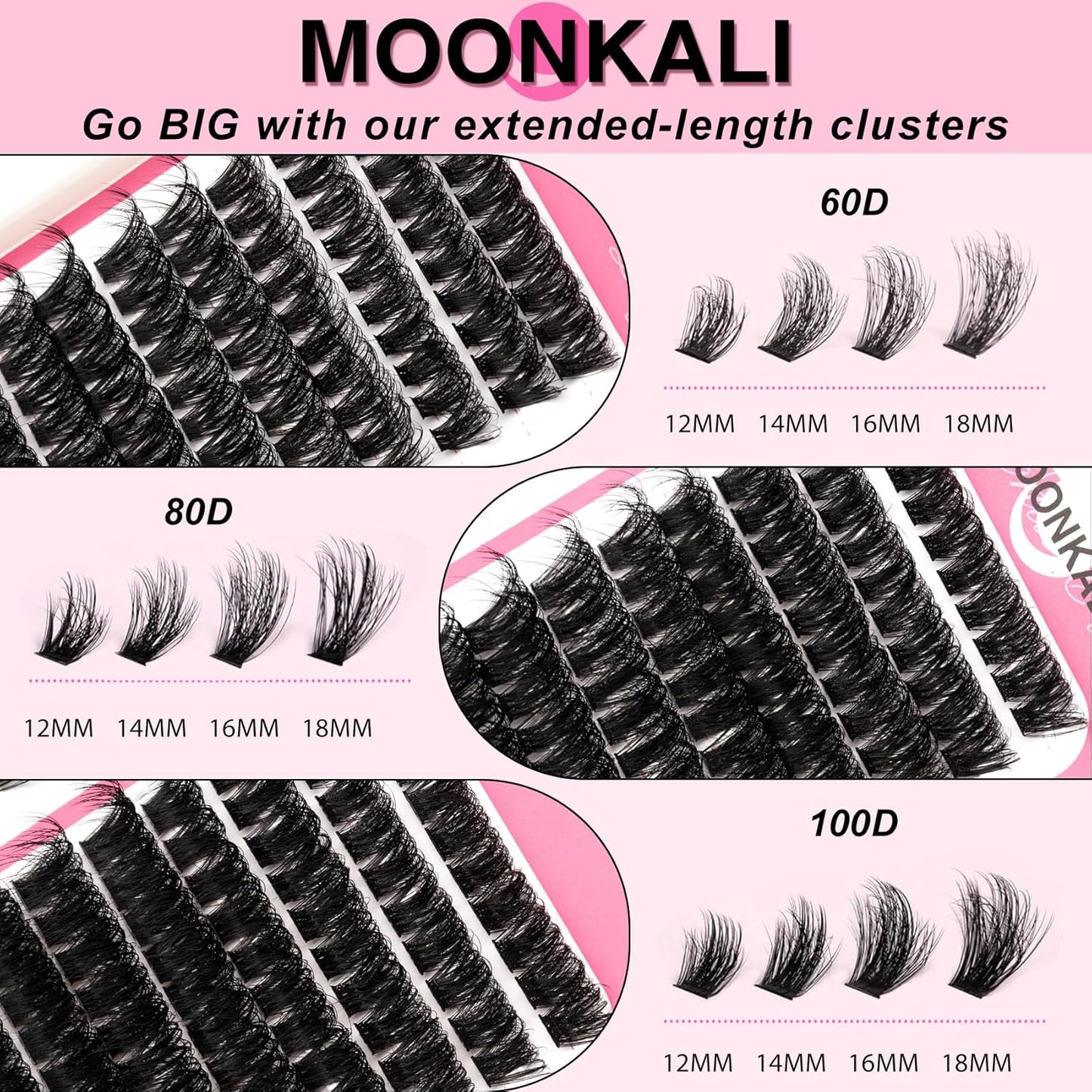 Lash Clusters - 3D Full Eyelash Extensions | Mix of 60D, 80D, 100D, 12-18MM, Waterproof, DIY Fake Mink