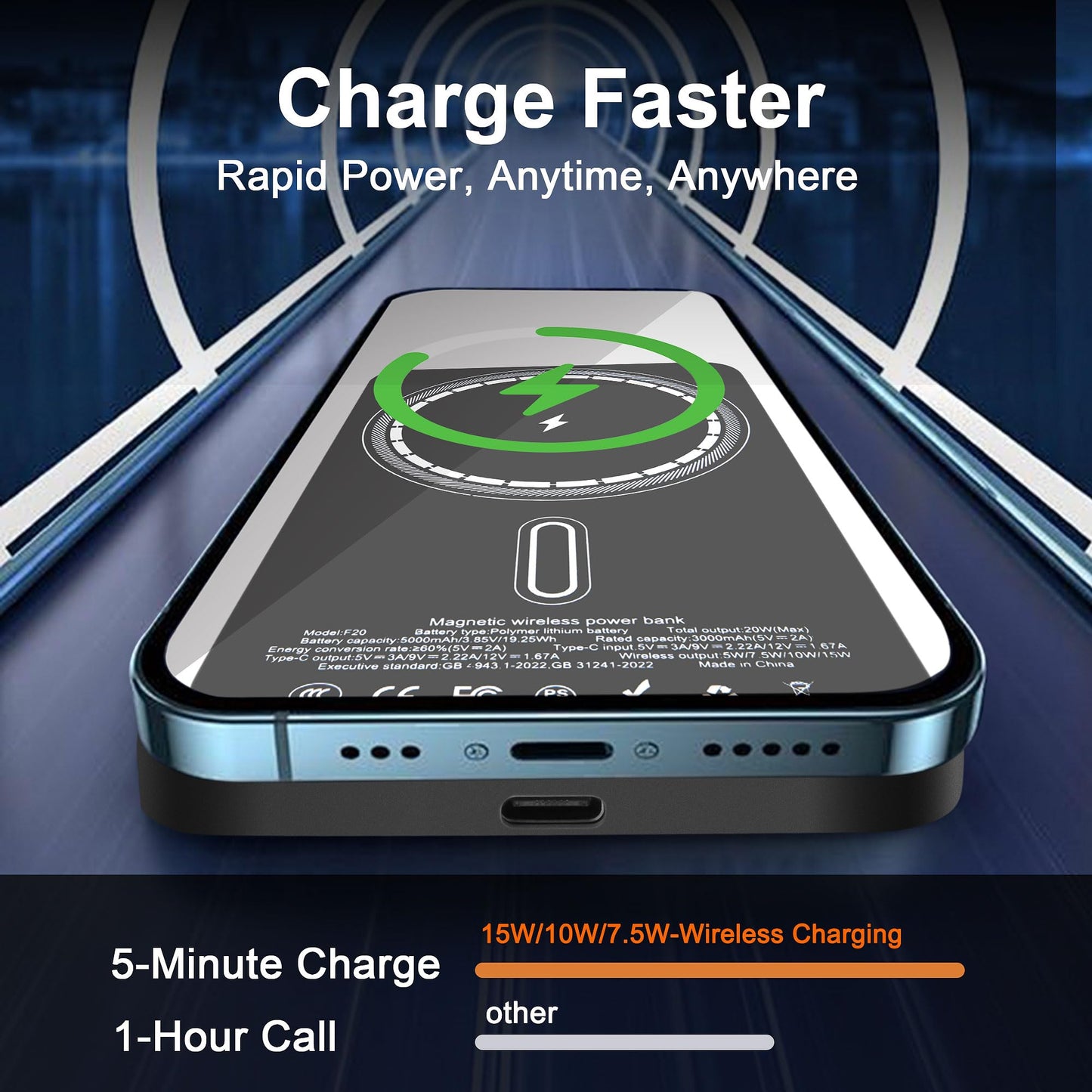 VONUV Magnetic Portable Charger 5000mAh, 15W Ultra Slim Wireless Portable Charger, Fast Charging for iPhone 17/16/15/14/13/12 Pro/Pro Max/Plus, Metal Shell, USB-C Cable to Charge Other Phones (Grey)
