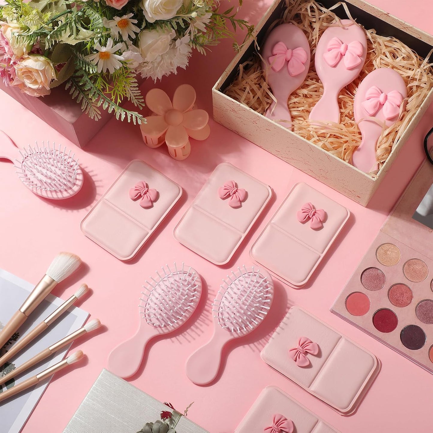 Coquette Bow Compact Mirror & Mini Hair Brush Set - 30 Pcs | Pink Travel Detangling Brushes for Parties & Gifts