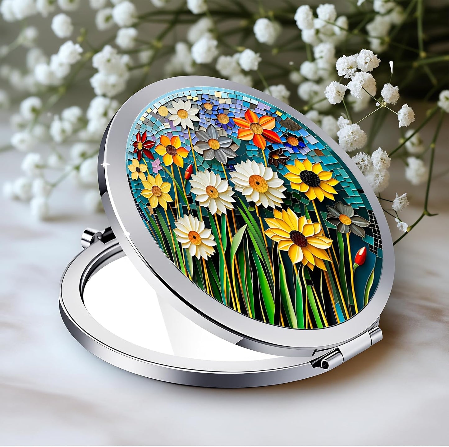 Silver Compact Mirror - Double-Sided Folding Makeup Mirror with Sun Moon Floral Design | 2.8"x2.8" - Perfect Gift for Women