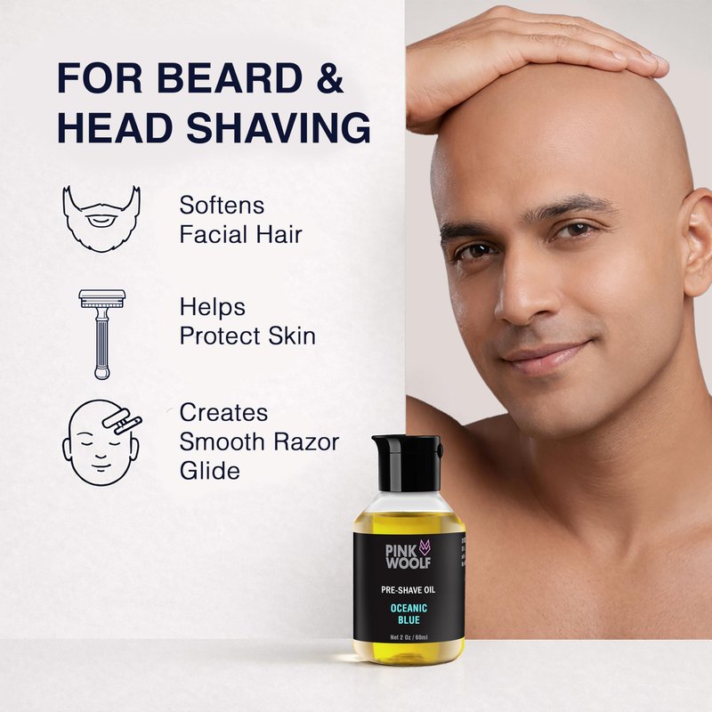 Pink Woolf Pre Shave Oil for Men – Electric & Wet Shave Prep – Helps Reduce Tugging, Razor Burn & Irritation – Razor Glide Oil for Electric Razor & Head Shaving – OCEANIC BLUE, 2 Fl Oz
