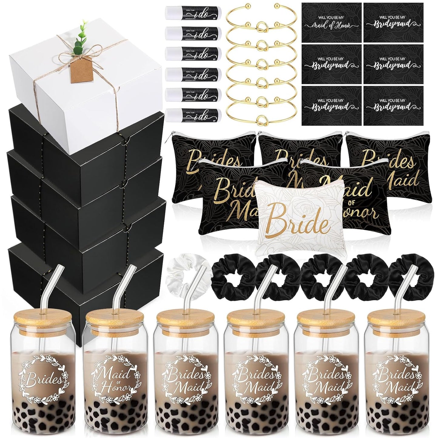 Bridesmaid Proposal Gifts - 54 Pcs Set with Makeup Bag, Glass Cup & Bracelet | Green & White