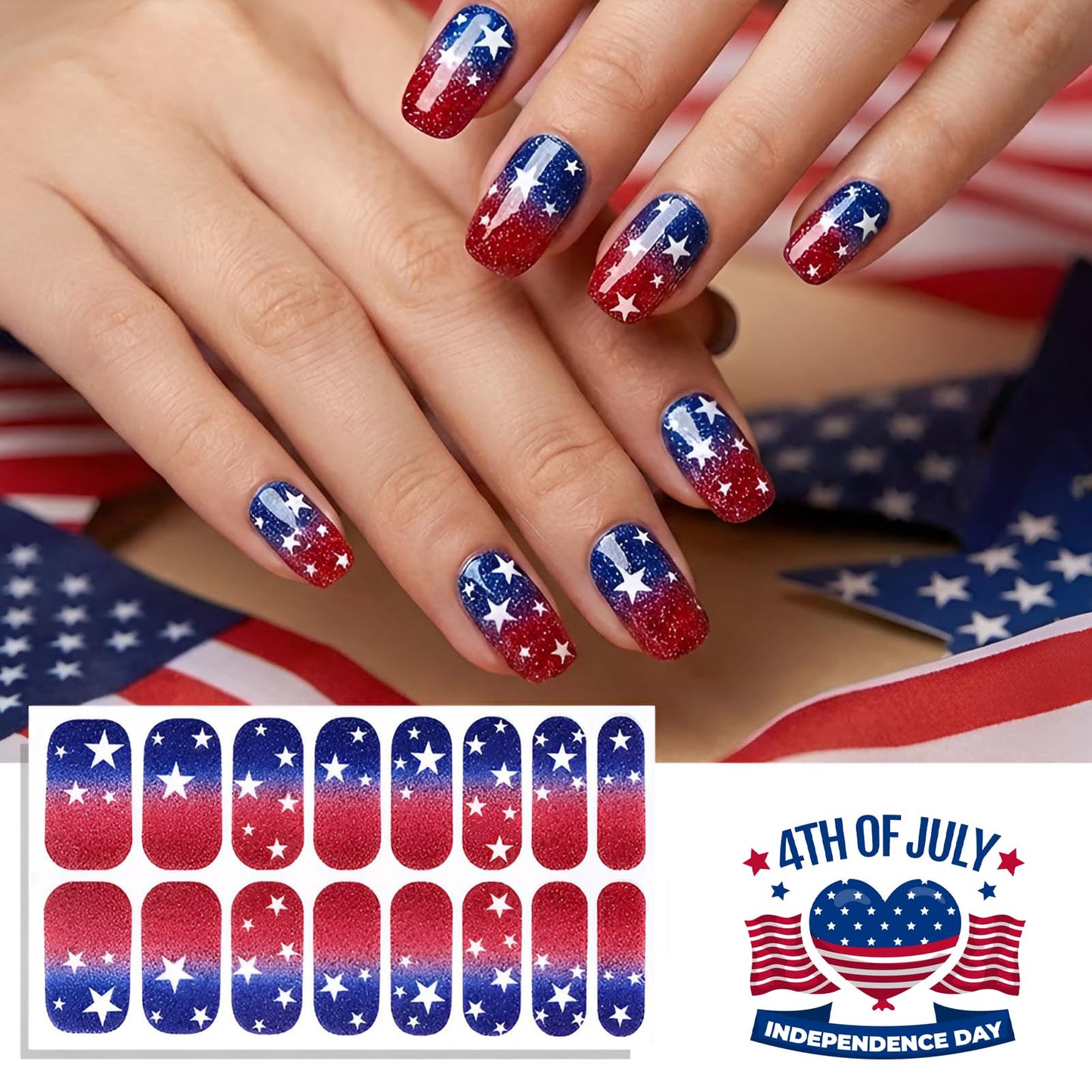 4 Sheets 4th of July Nail Wraps for Woman - Patriotic Full Cover Red White Blue Glitter Stars Stripes Self-Adhesive French Nail Polish Strips Independence Day Memorial Day Veterans Day Party Gift Set