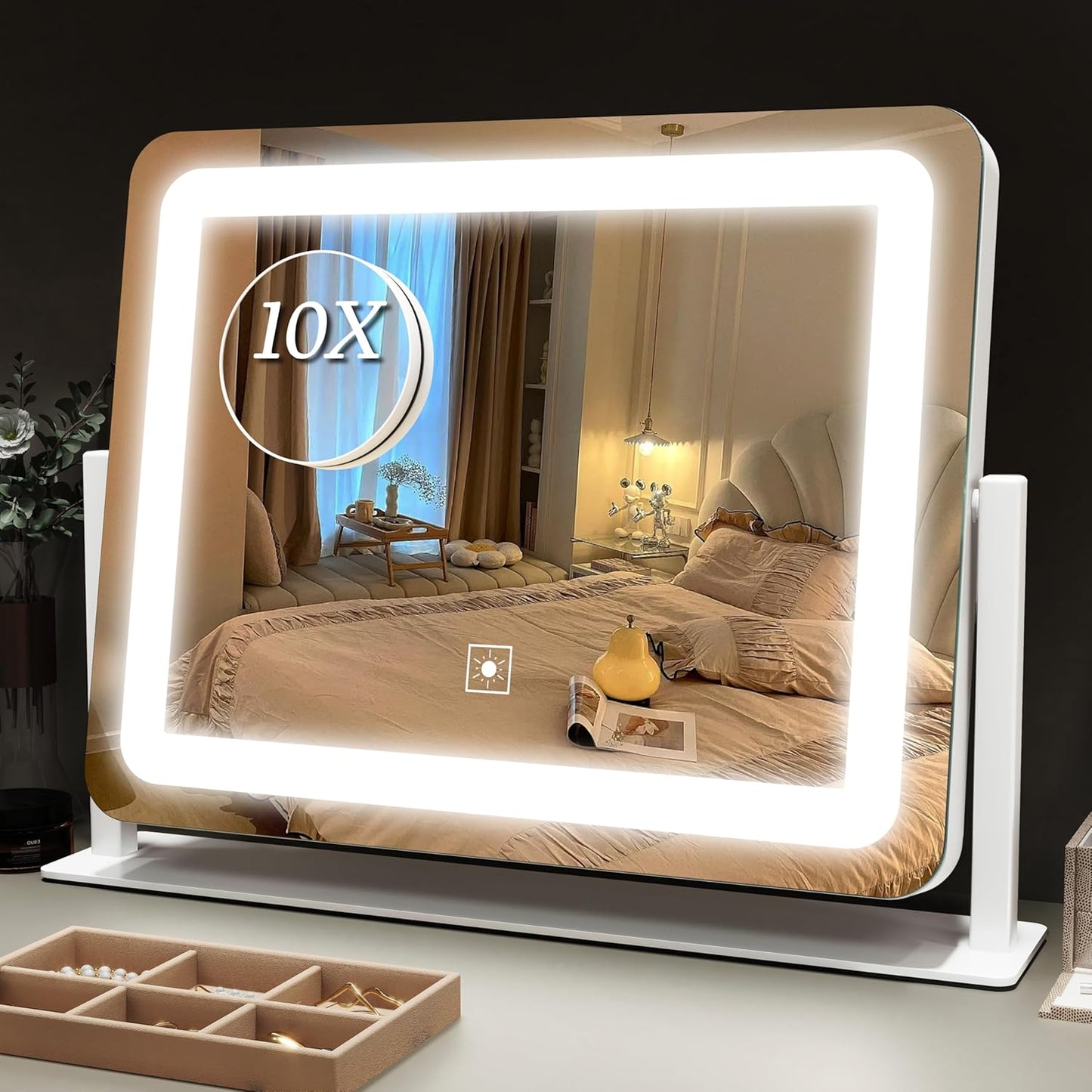 Lighted Makeup Mirror - 10X Magnification Vanity Mirror with 3 Color Modes | 17"x13" Smart Touch Control, 360° Rotation (White)