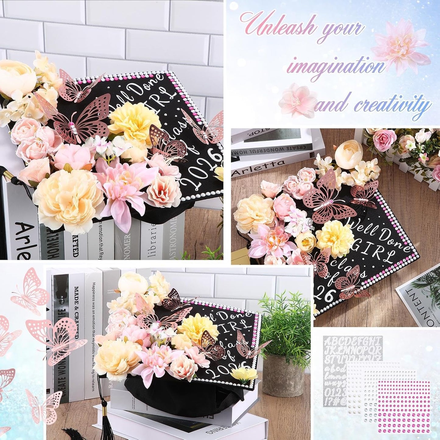 DIY Graduation Cap Decorations Kit - Faux Flowers, 3D Butterflies & Rhinestones | Pink Grad Cap Topper for 2026