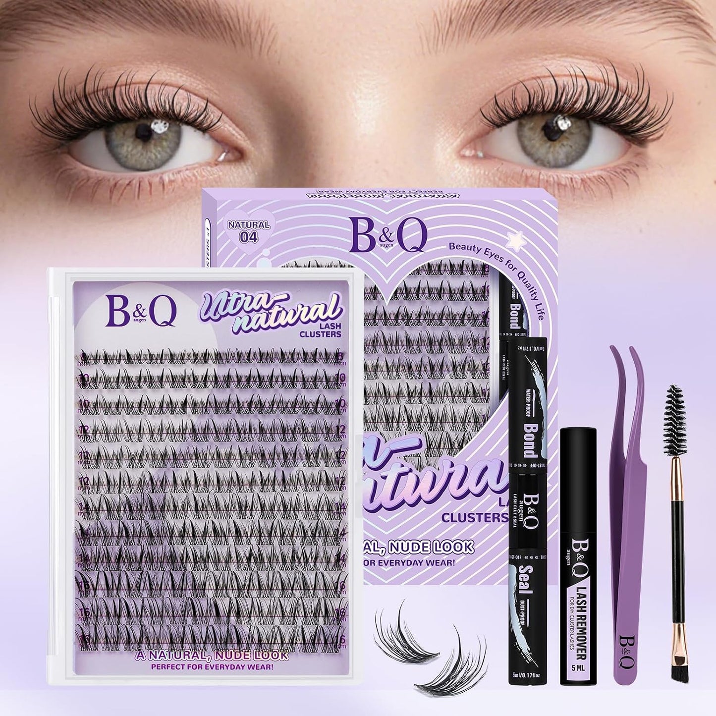 Eyelash Extension Kit - 10-18mm D Curl Lash Clusters with Bottom Lashes | DIY Bond & Seal Applicator