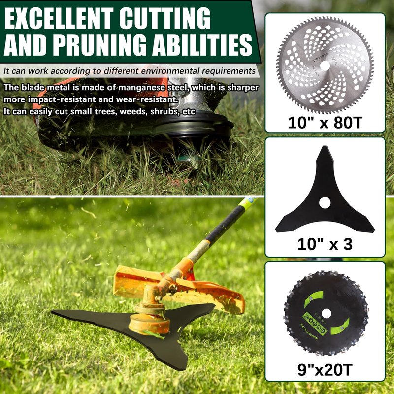 9"x20T Brush Blades Carbon Steel Round Chainsaw,10" x 80T Carbide Tip Brush Blades,10" x 3 Teeth Carbon Steel Brush Cutter Blades with Universal Adapter Kit Compatible with Cutter, Trimmer, Weed Eater