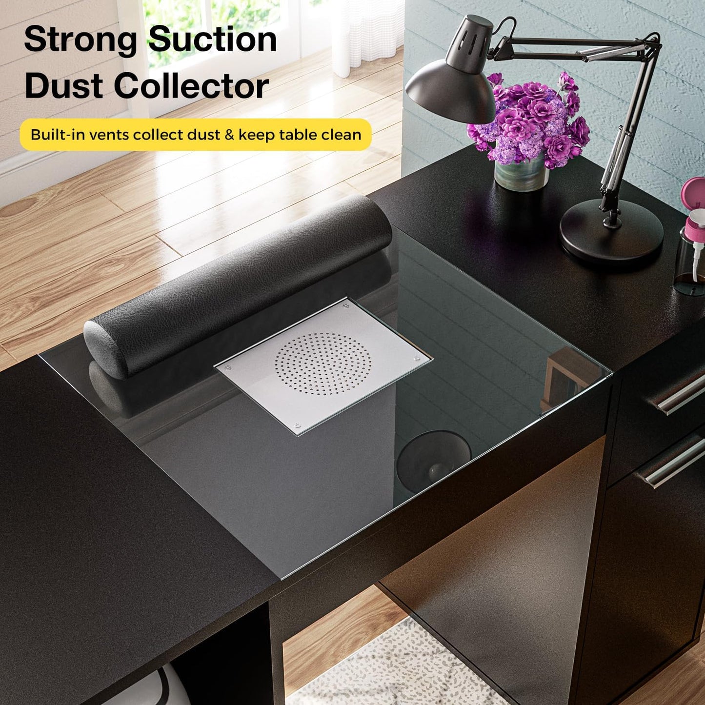 Manicure Table - Nail Desk with Glass Top & Wrist Rest | Acetone Resistant Beauty Station, Black