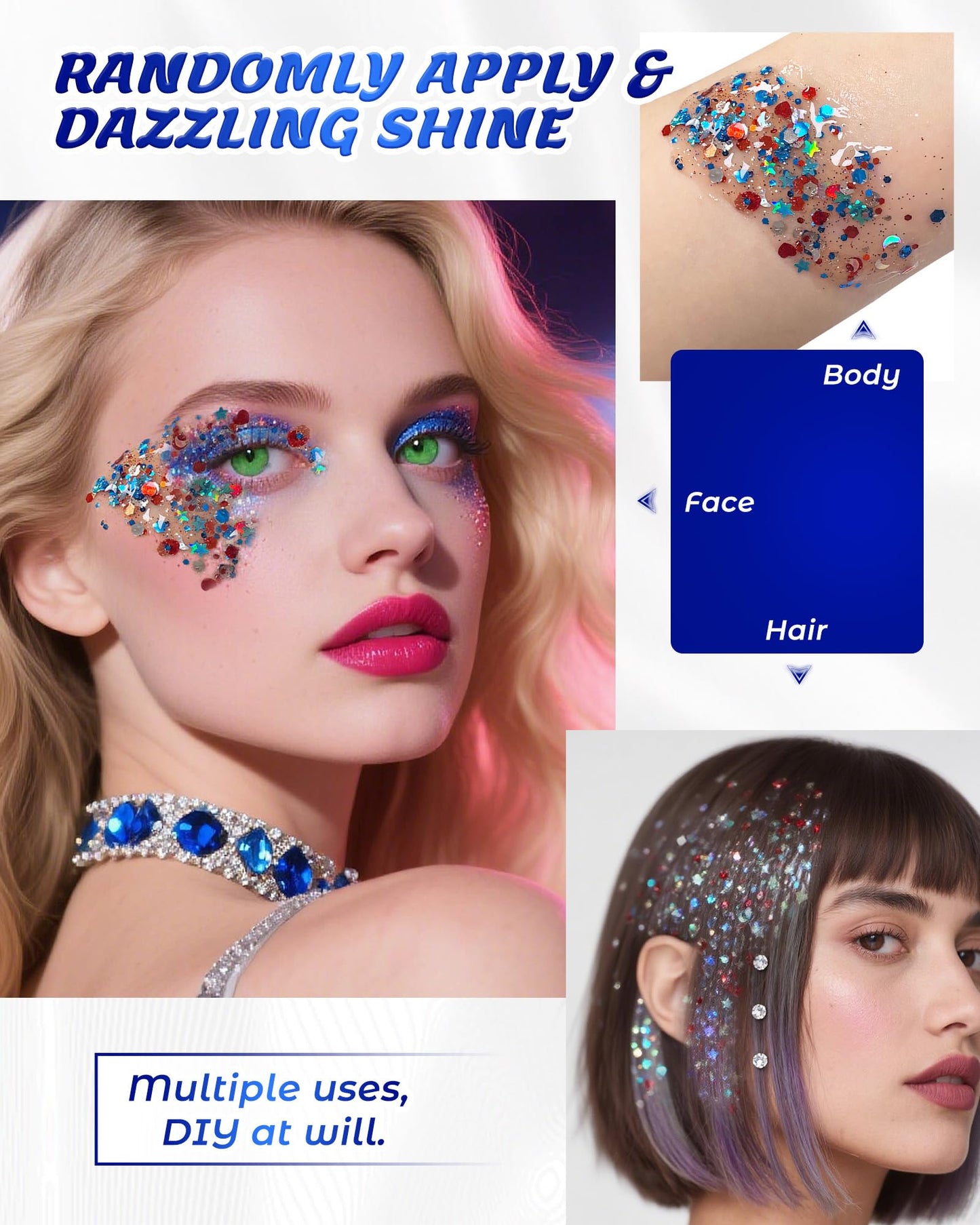 SUMEITANG 6pcs Red White Blue Face & Body Glitter Gel | 4th of July Patriotic Sparkling Makeup | USA Flag Hair Glitter for Independence Day Festivals Parties | Women Kids Fourth of July Outfits