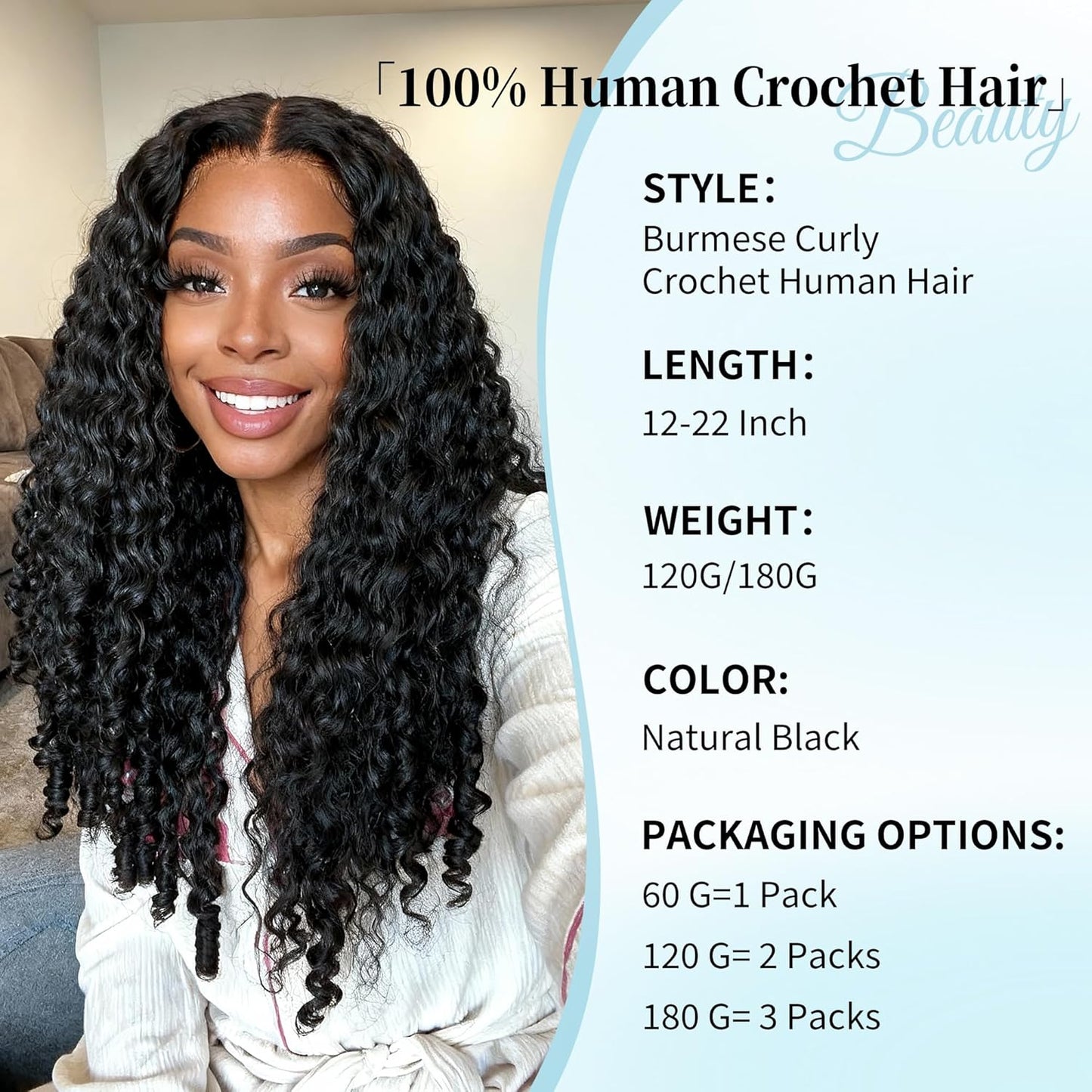 Burmese Curly Crochet Hair - 12 Inch 120g Pre-Separated Bundles | Natural Black for Black Women