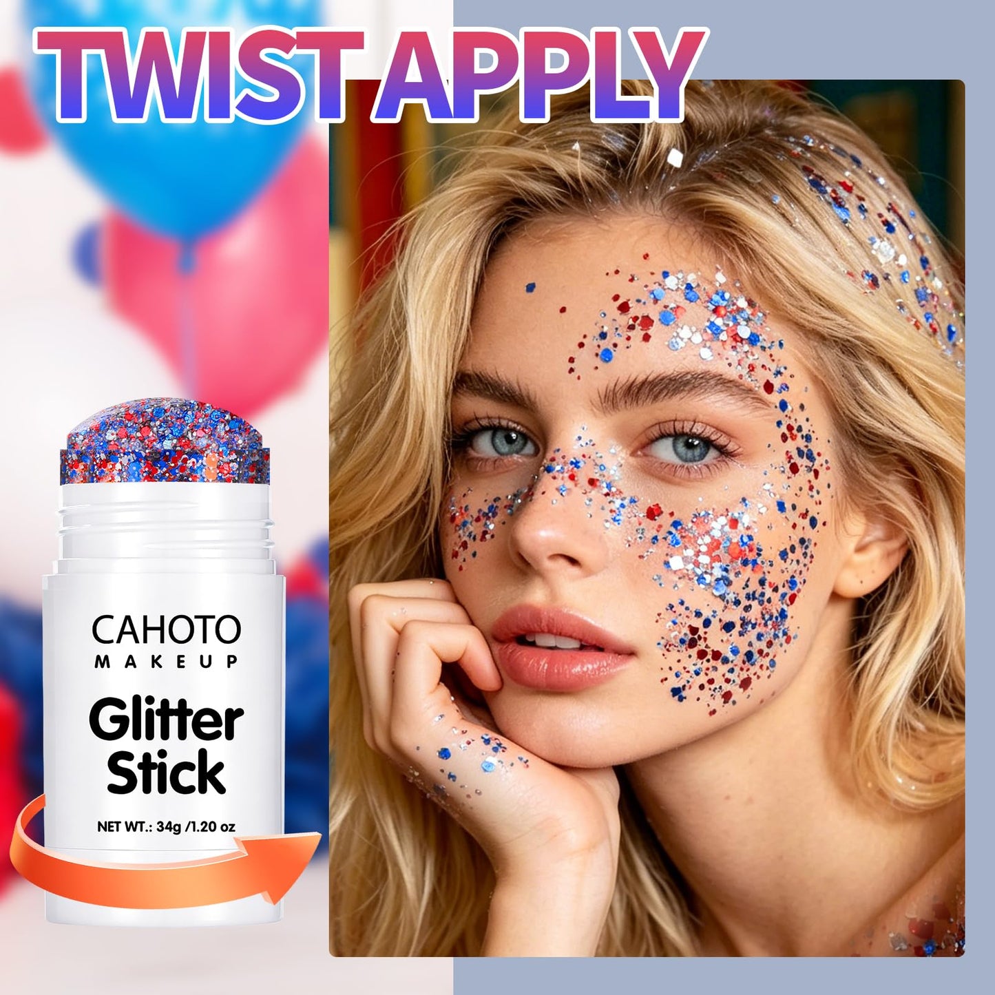 CAHOTO Hex Glitter Stick, Red White Blue Hexagon for Face Body Hair, Patriotic Pride USA Flag Sparkling Sequins for Independence Day 4th of July Memorial Day Semiquincentennial 250 Anniversary, 1.2oz
