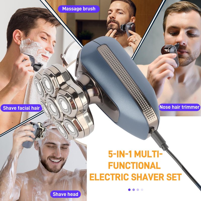 Head Shaver for Bald Men, 7D Electric Rotary Bald Head Shaver for Men, 5-in-1 Grooming Kit, USB Rechargeable Wet/Dry Shavers for Men, IPX6 Waterproof Head Shaver with LED Display