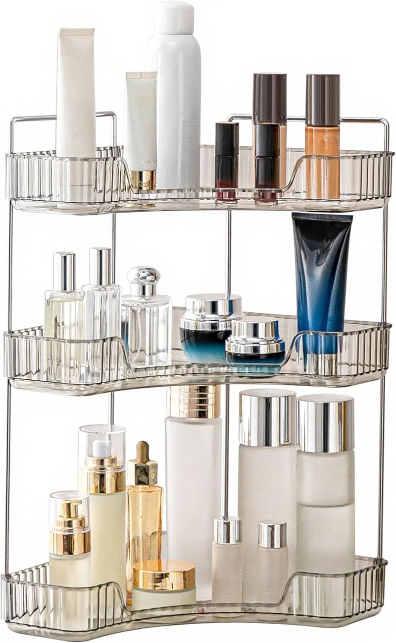 Corner Bathroom Counter Organizer - 3-Tier Makeup & Skincare Tray | Smoky Gray