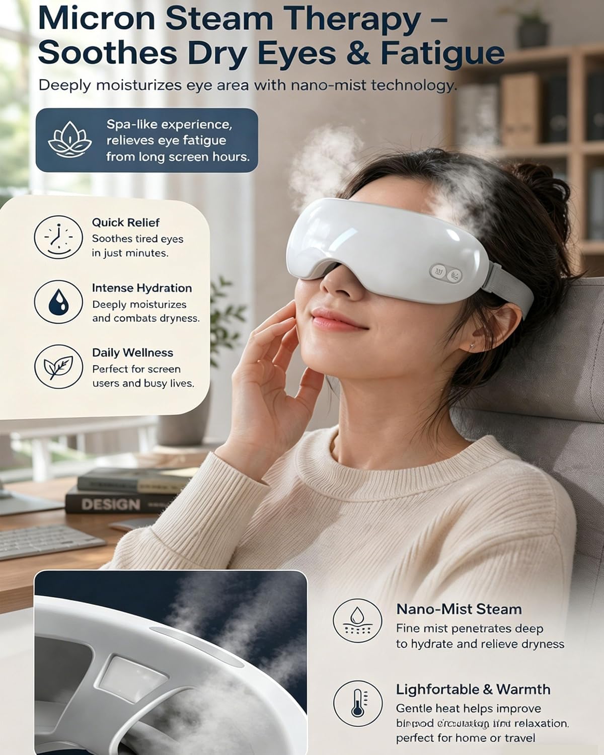 Steam Eye Mask - Rechargeable Warm Mist Eye Steamer for Puffy Eyes & Strain Relief | Soft Silicone Design, 40-42°C