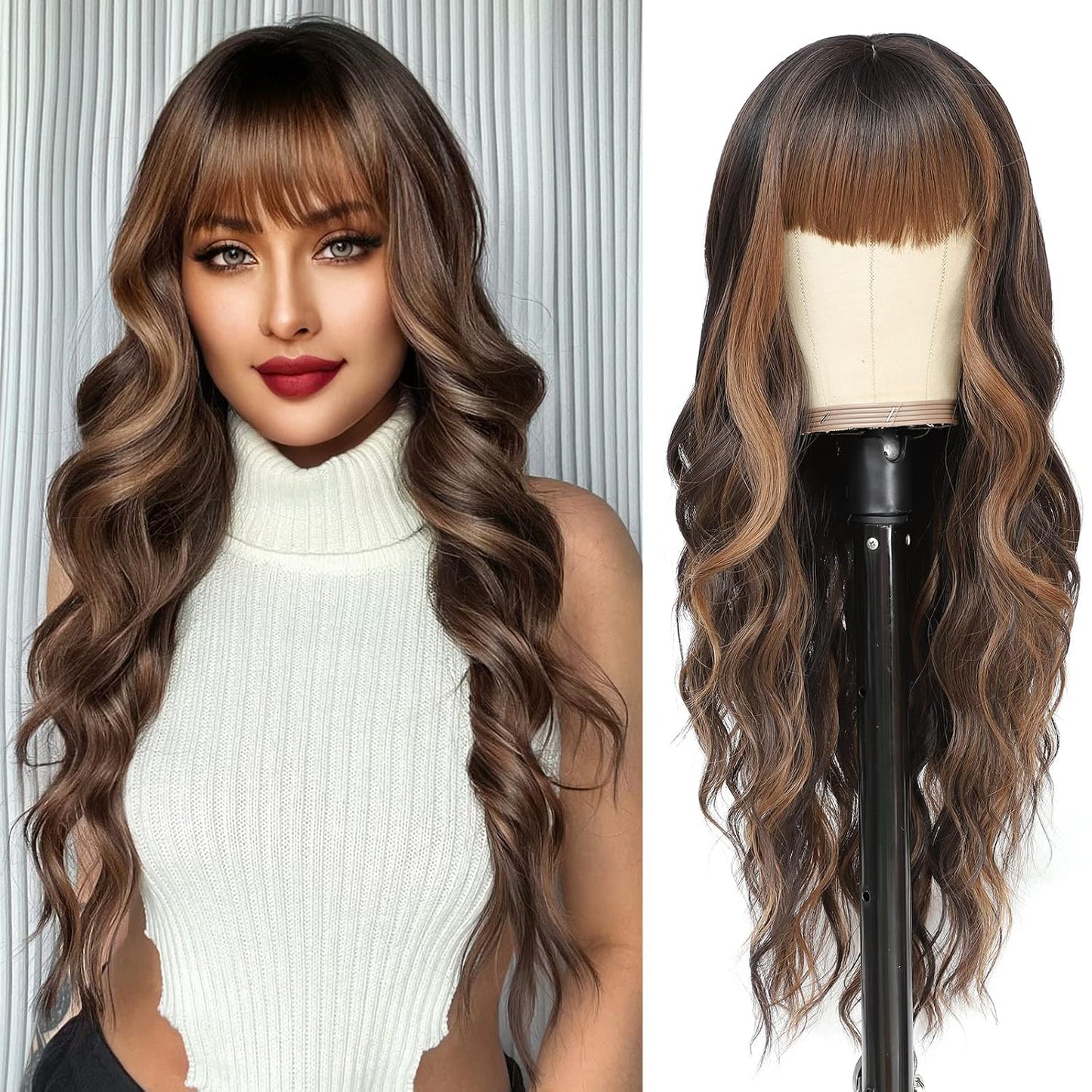 NAYOO Brown Wigs for Women - Long Curly Wavy Hair | Heat Resistant Synthetic Fiber, 24 Inches