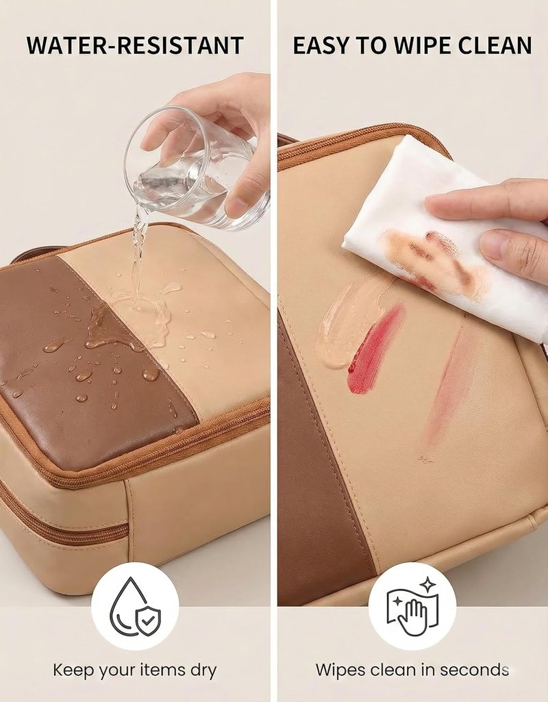 Large Makeup Bag - Sturdy PU Leather Cosmetic Organizer with Fold-Down Phone Tray | Waterproof Travel Toiletry Case, 9.5 Inch, Brown