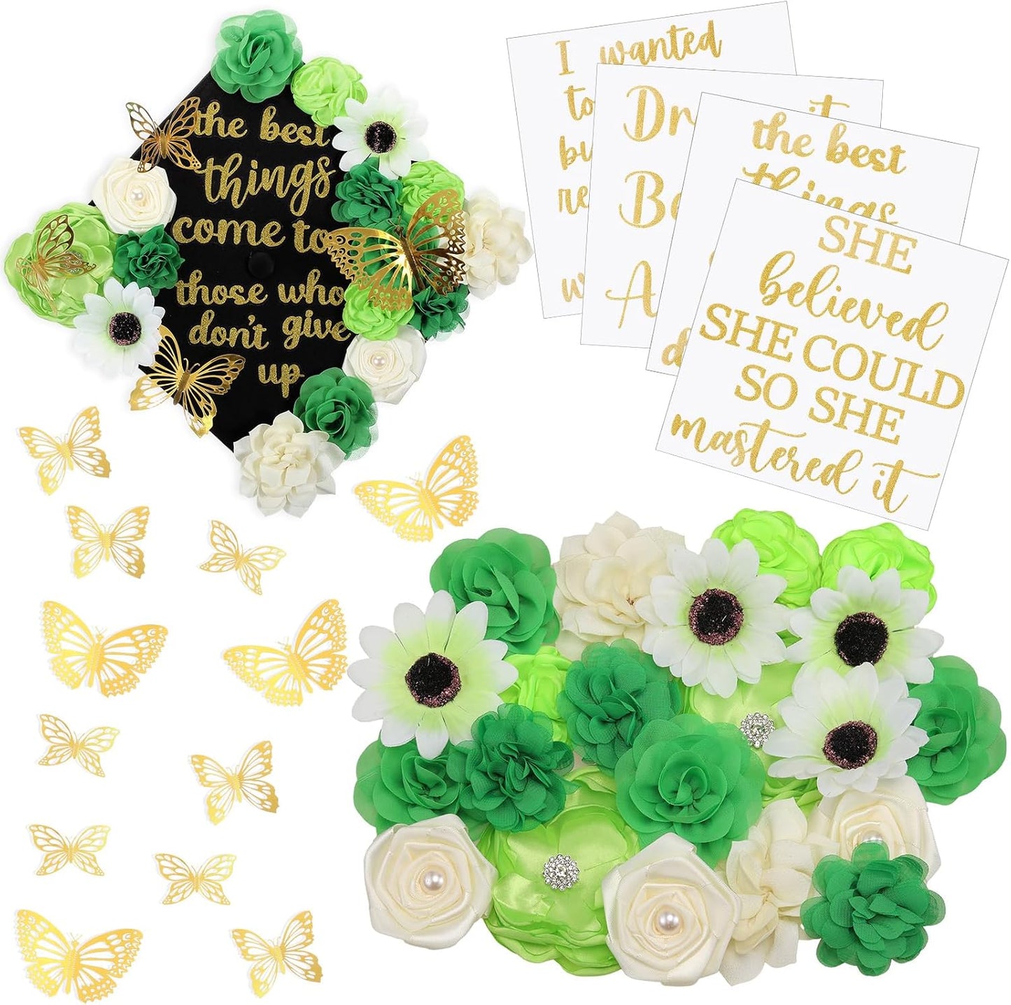 Graduation Cap Decoration Kit - 36 Pcs with Faux Flowers, Glitter Stickers & 3D Butterflies | Blue Inspirational Themes