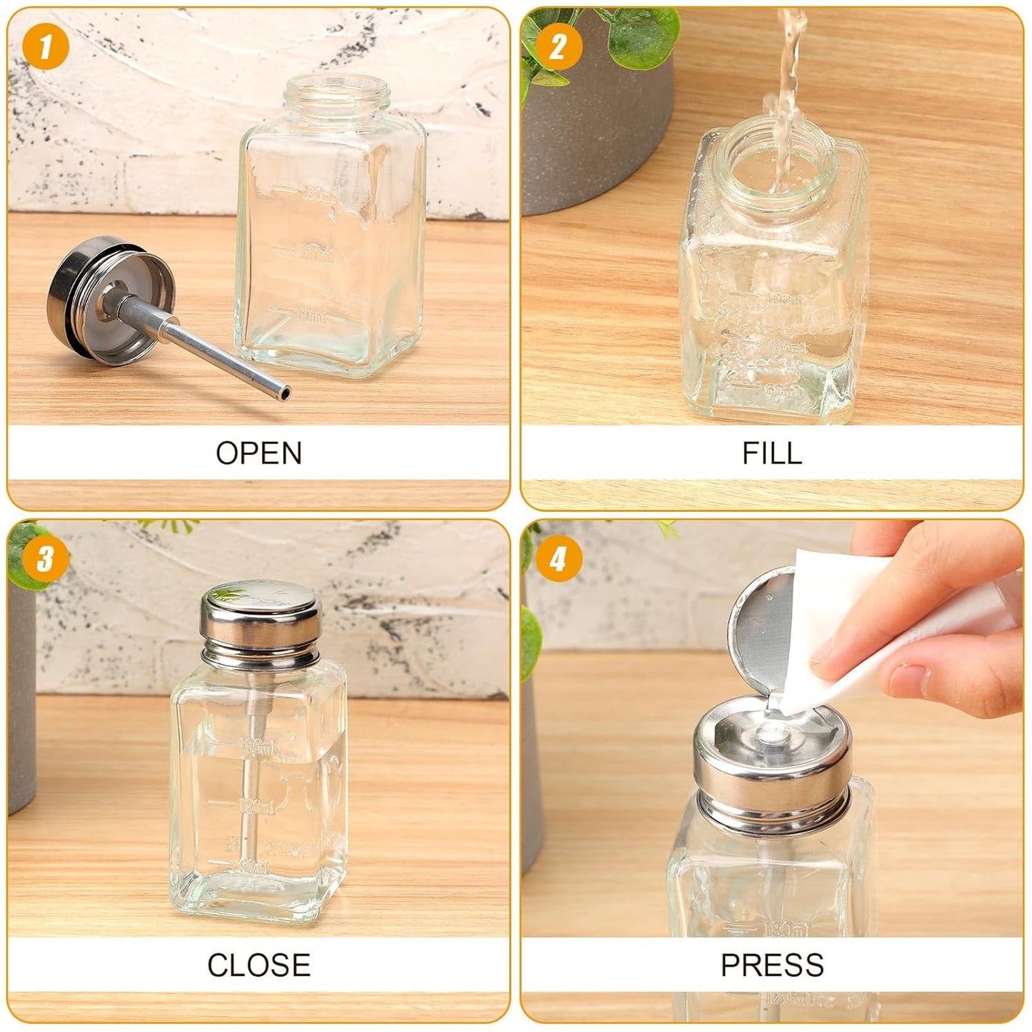 Acetone Pump Dispenser - 2 Pcs 6 Oz Clear Refillable Bottle with Flip Cover | Nail Polish Remover & Makeup Remover