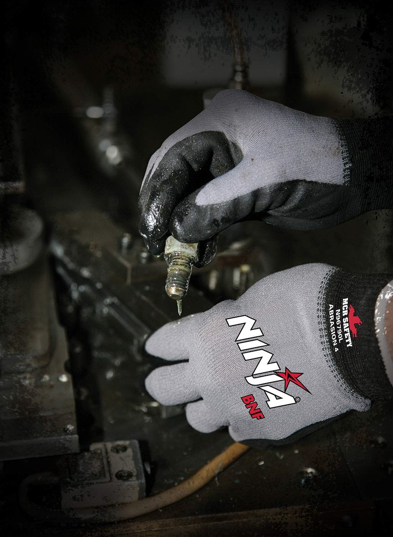 MCR Safety Ninja BNF N96790L Work Glove, 15 Gauge Nylon/Spandex Shell, Breathable Nitrile Foam (BNF) Coated Palm & Fingertips, Large, Black / Gray, Grey
