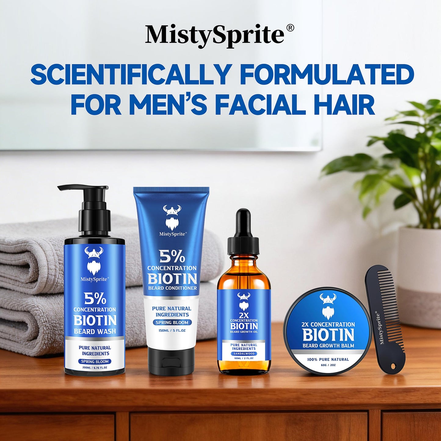 MistySprite 5% Biotin Beard Shampoo for Men, Thickening & Volumizing Formula - Soothes Itchy Skin, Hydrates & Softens Dry Coarse Facial Hair, 6.7 oz Spring Bloom Scent