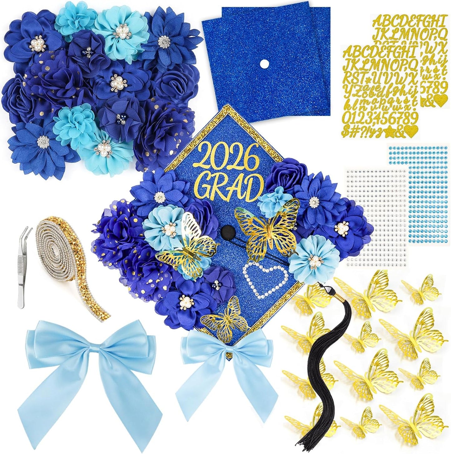 Graduation Cap Decorations Kit 2026 - DIY 36PCS Floral & Rhinestone Set | Pink 3D Butterflies & Alphabet Stickers