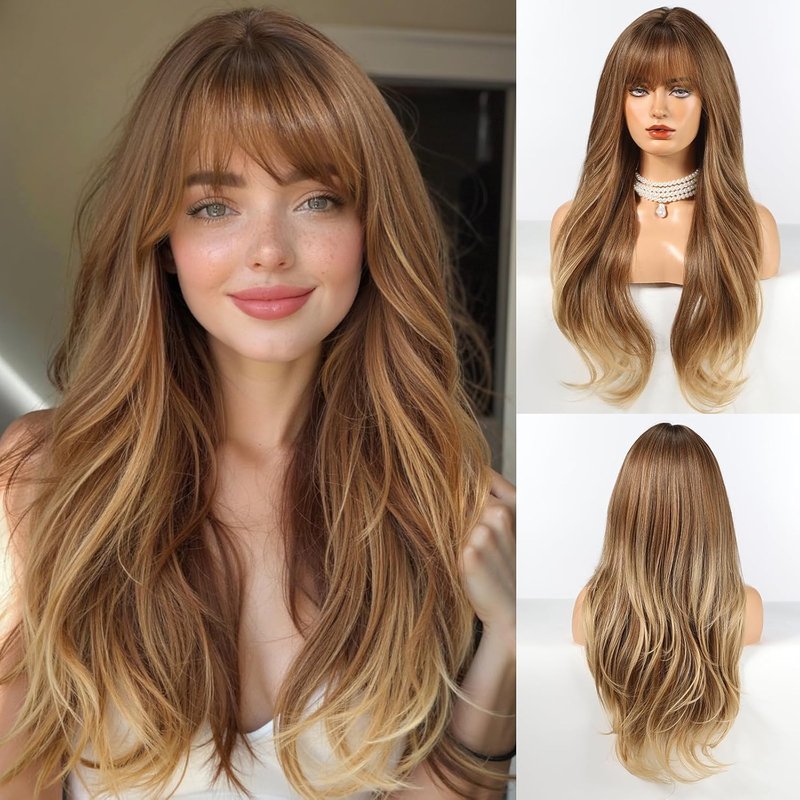 Long Ombre Brown Wig with Bangs - Layered Curly Synthetic Hair for Women | Daily Wear