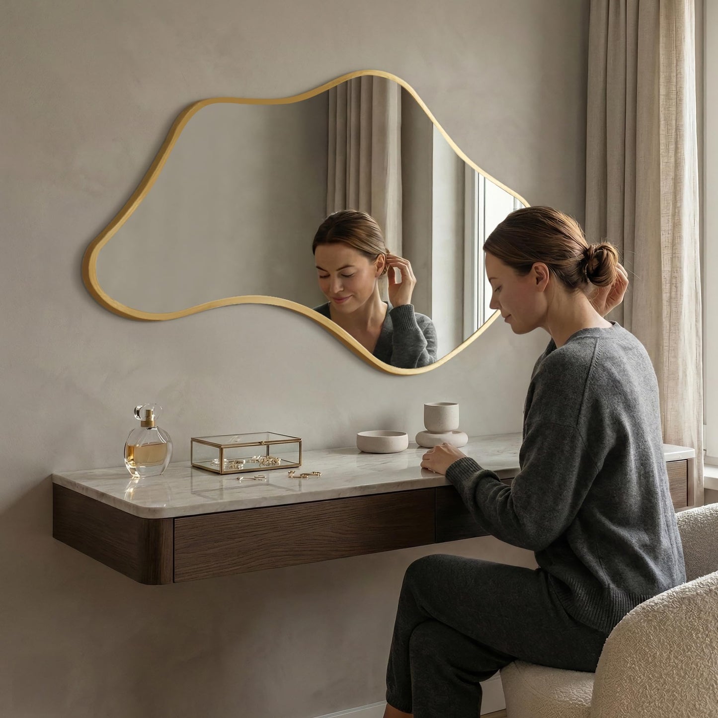 Fahomiss Asymmetrical Wall Mirror, Irregular Shaped Frameless Vanity Mirror, Modern Decorative Mirror for Entryway, Living Room, Bathroom