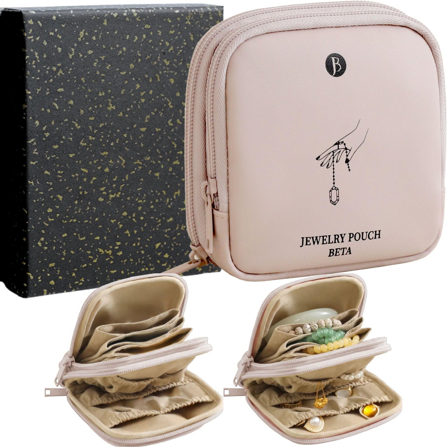 tianzong Small Travel Jewelry Case, Gift for Women, Tangle-Free Jewelry Pouch Bag with Gift Box, Waterproof PU Jewelry Organizer for Valuables (Pink, Double Zipper)
