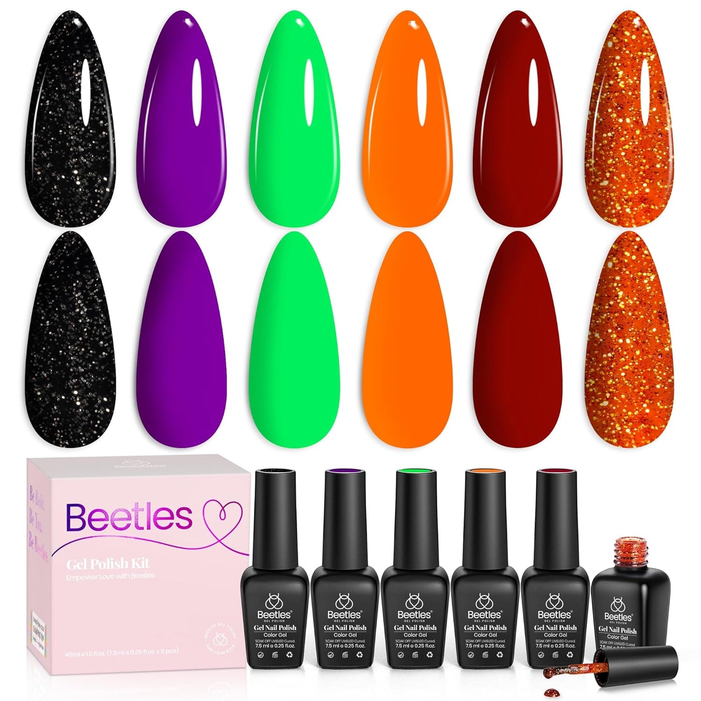 Beetles Green Gel Nail Polish Set - 6 Colors Cat Eye Glitter Gel | Summer Lime Yellow Flash UV LED Starter Kit for DIY Home & Salon Use