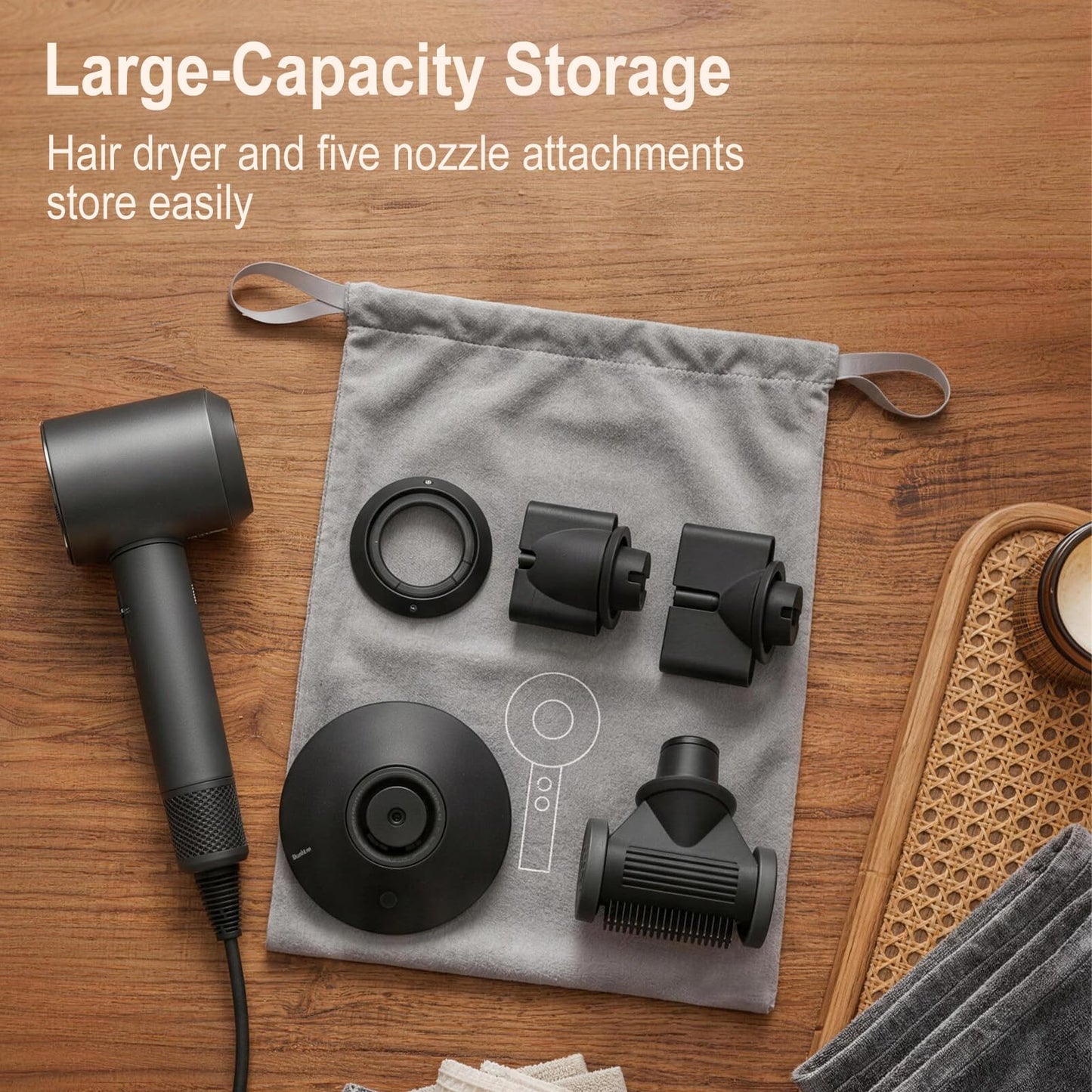 Etenpo 3 Pack Hair Dryer Bag with Double Layer, Grey Large Blow Dryer Bag for Travel and Home Storage, Heavy Duty Drawstring Hair Dryer Storage Bag for Attachments and Styling Tools (9.8" x 13")
