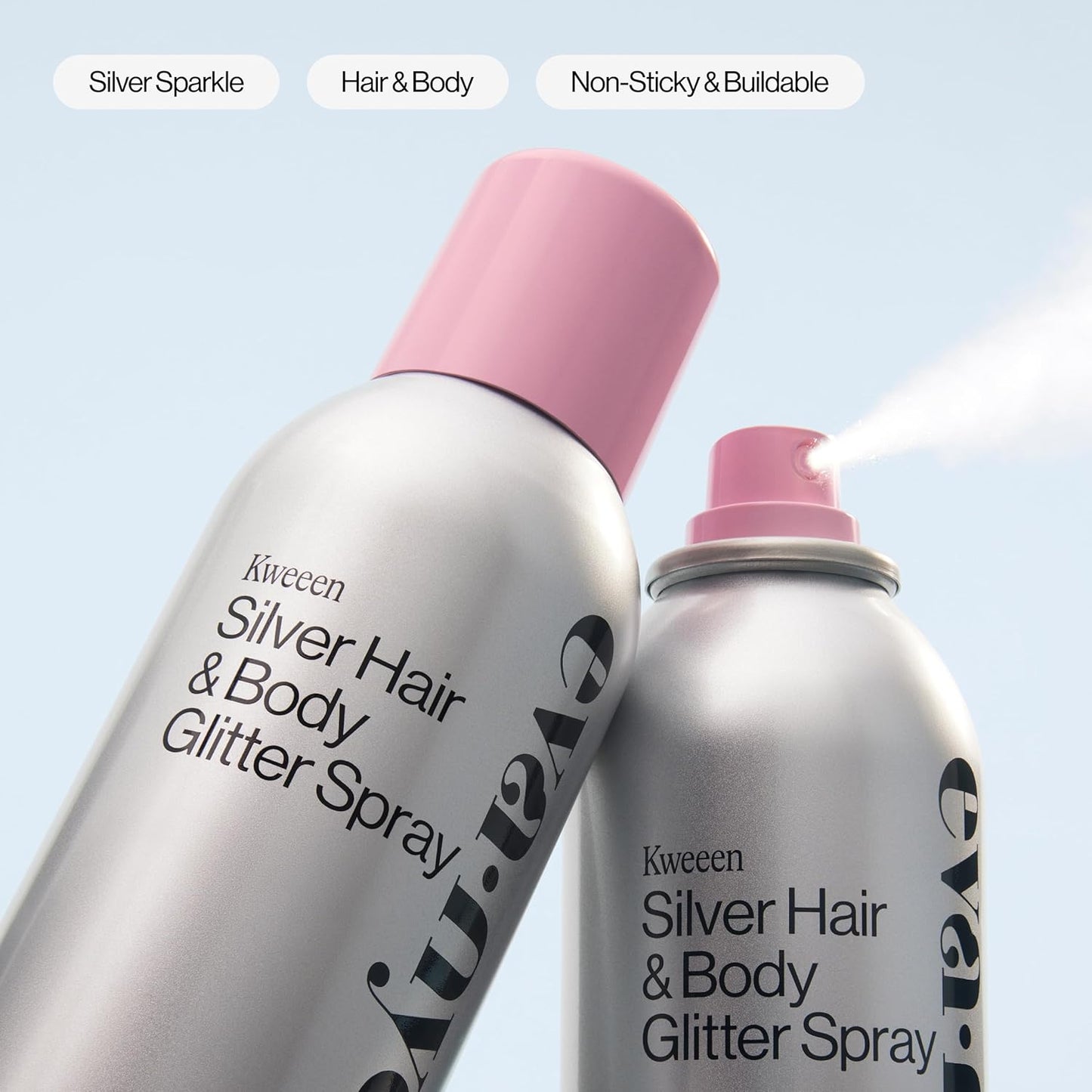 Eva NYC Kweeen Silver Hair & Body Glitter Spray Set - Ultra Shimmery, Non-Sticky, Quick Drying | Warm Vanilla Scent, Full & Travel Size