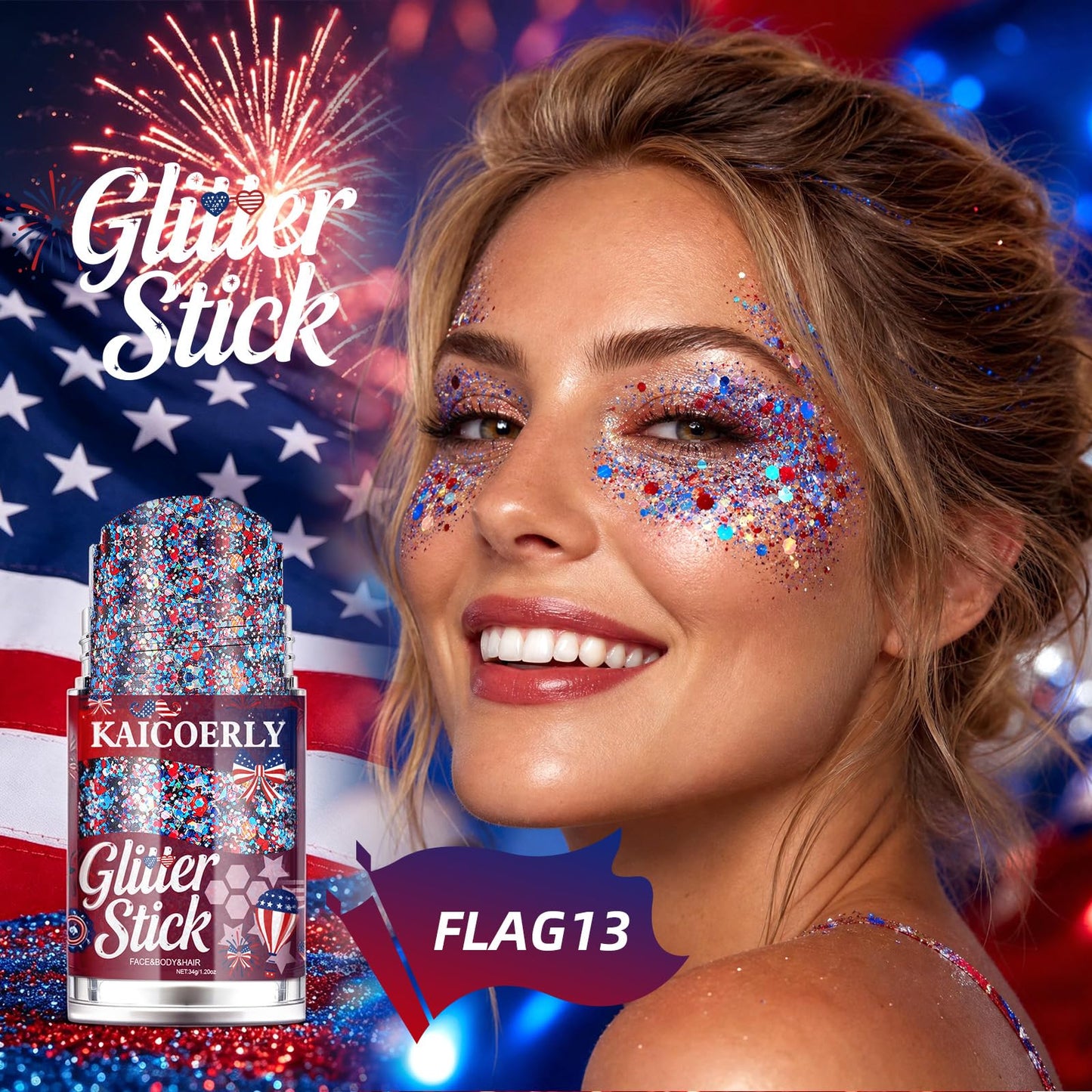 KAICOERLY Patriotic Glitter Stick for Face and Body – Red White and Blue Chunky Sequins, 4th of July Accessories for Women, President's Day Gifts, USA 250th Anniversary Merchandise #13
